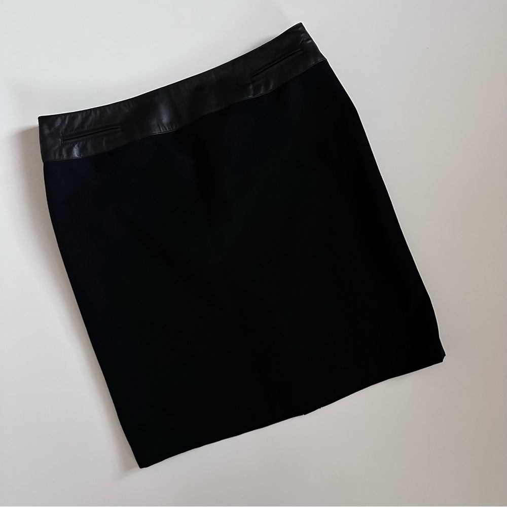 Worth New York Black Pencil Straight Skirt Size 16 Leather Trim Waistband